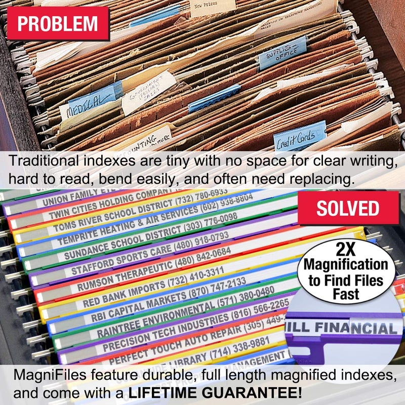 Ultimate Office MagniFile Insertable Hanging File Folder Tabs. Indexes That Double The Size of Your File Titles to Find Files Fast! (Set of 10), Assorted - Image 2